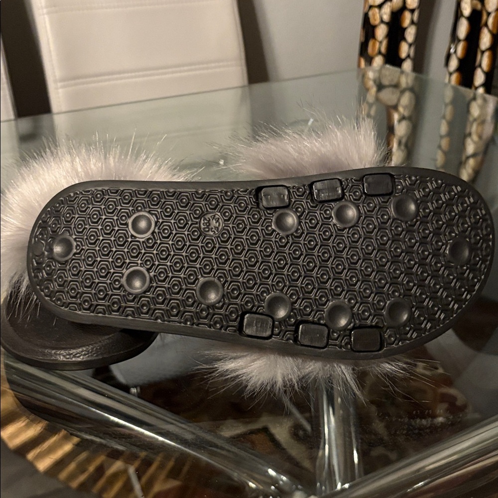 Black Slides with Gray Fur Trim, Size 11 - Picture 3 of 5